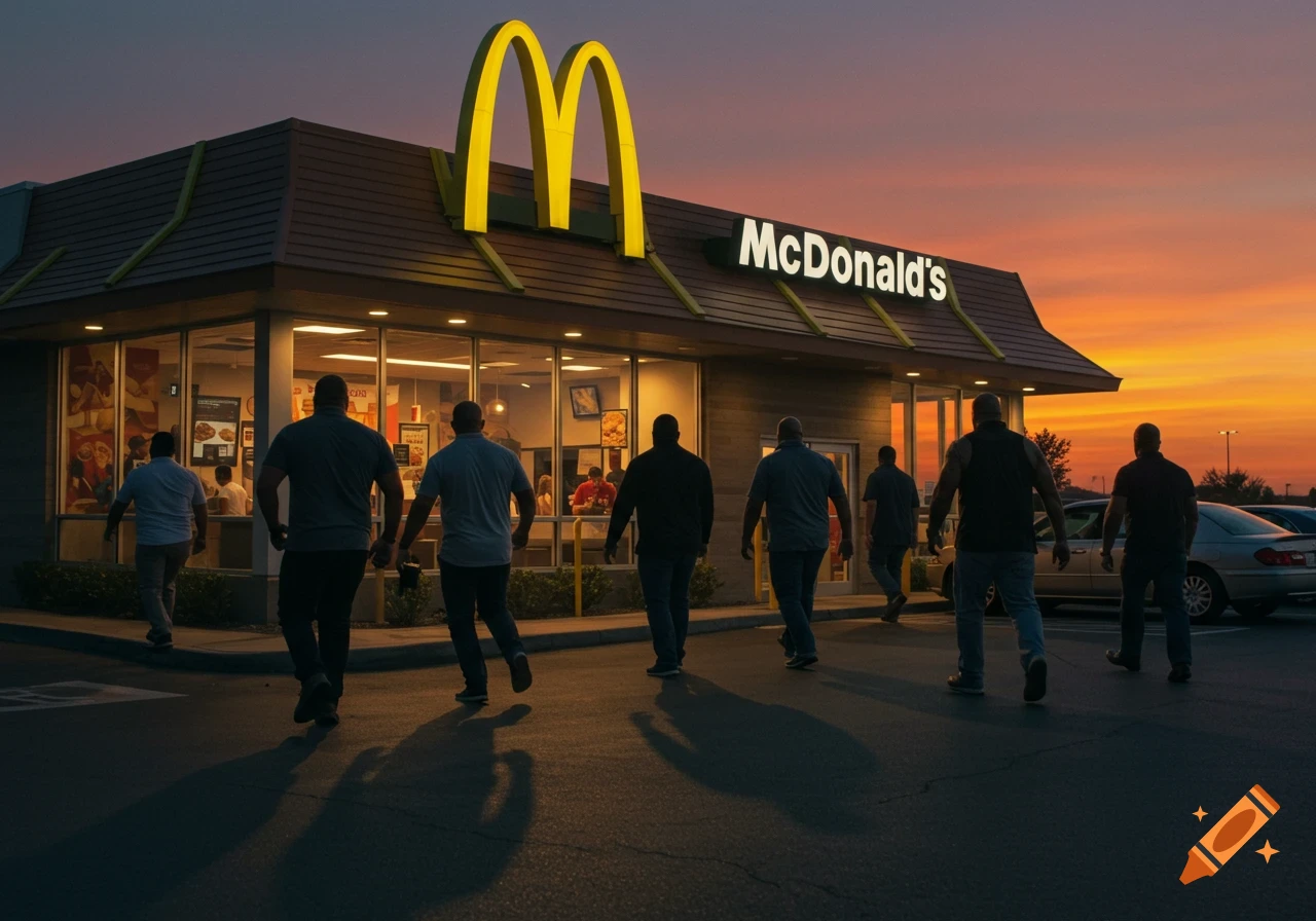 Photorealistic image of men walking towards a McDonald's restaurant at sunset.