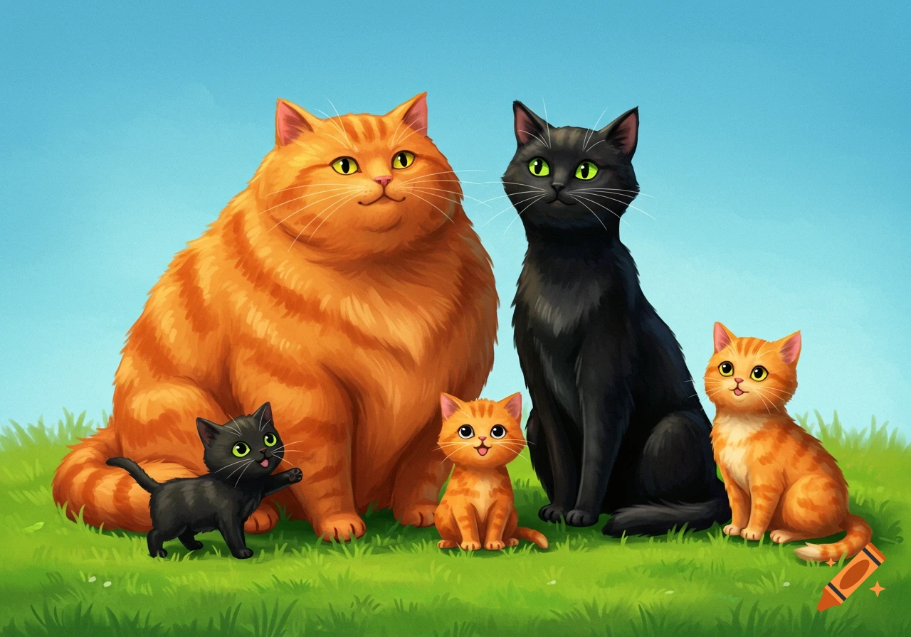 A cartoon illustration of five cats - a large orange cat, a black cat, two orange kittens, and one black kitten - sitting on green grass.