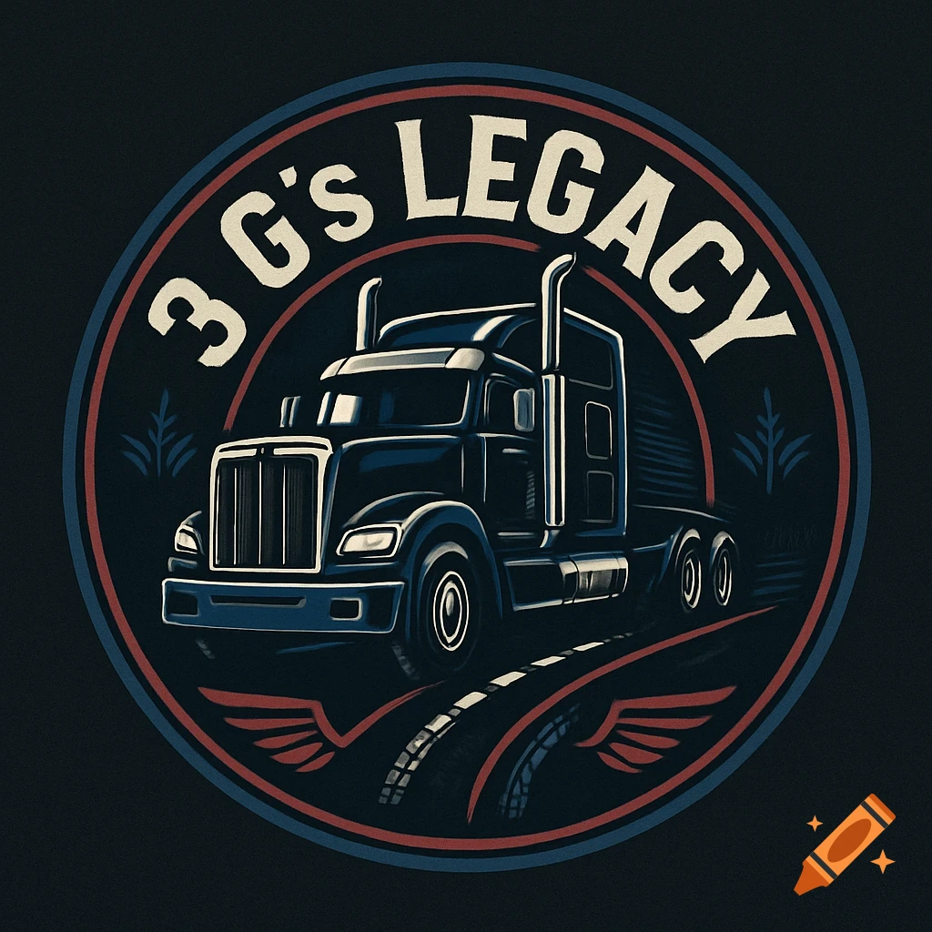 Circular logo with a dark blue semi-truck on a road, framed by text '3 G's LEGACY' and red wings.