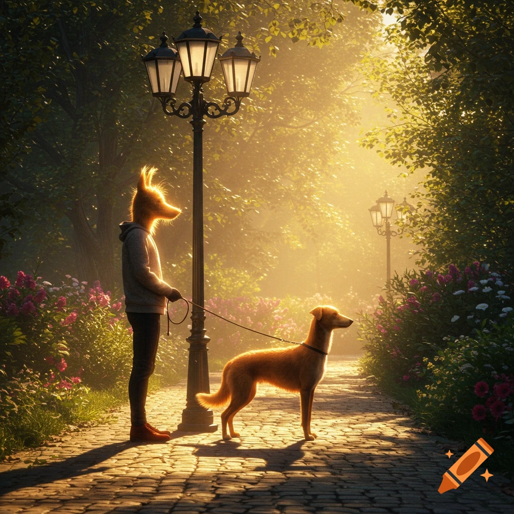 A person with a fox-like head walks a dog on a leash down a sunny, cobblestone park path, surrounded by trees and flowers.