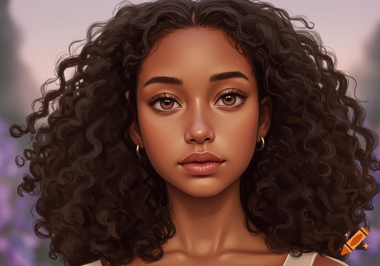 Close-up digital art portrait of a young woman with curly dark hair and light brown eyes.