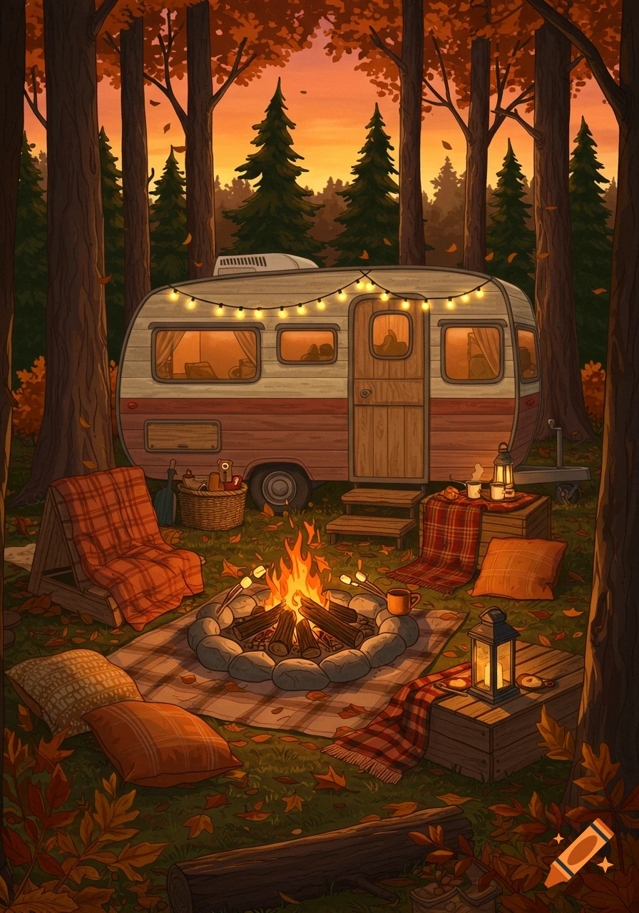 An illustrative digital painting of a cozy fall camping scene with a vintage camper, campfire, string lights, and autumn trees.