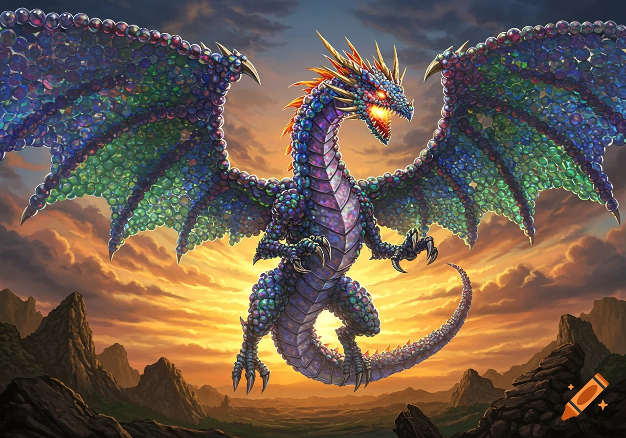 A majestic, colorful dragon with a body and wings made of shiny, iridescent spheres, flying in a dramatic sunset sky above a rocky landscape.