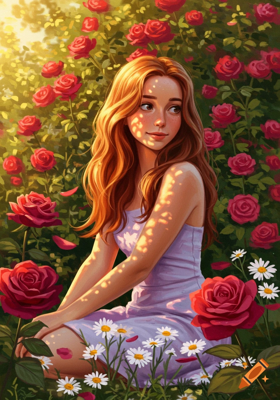 A young woman with long, wavy hair sits among red roses and white daisies in a sunny garden, dappled light on her face.