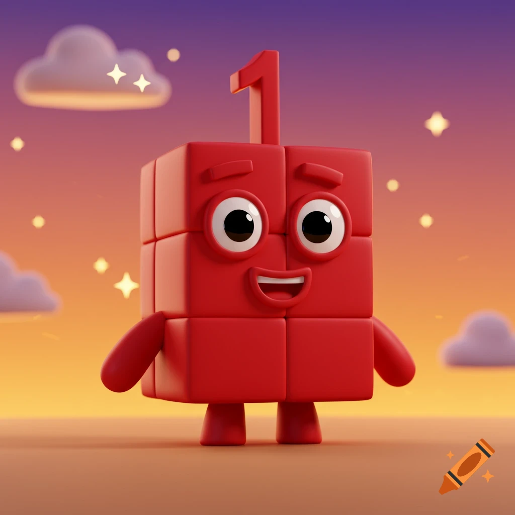 A friendly red block character with the number 1 on its head, smiling against a vibrant sunset sky with clouds and stars.
