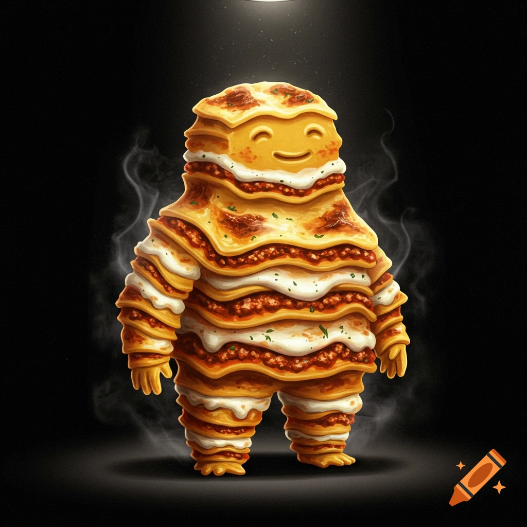 A smiling, anthropomorphic character made of lasagna layers, steaming slightly, on a dark background under an overhead light.