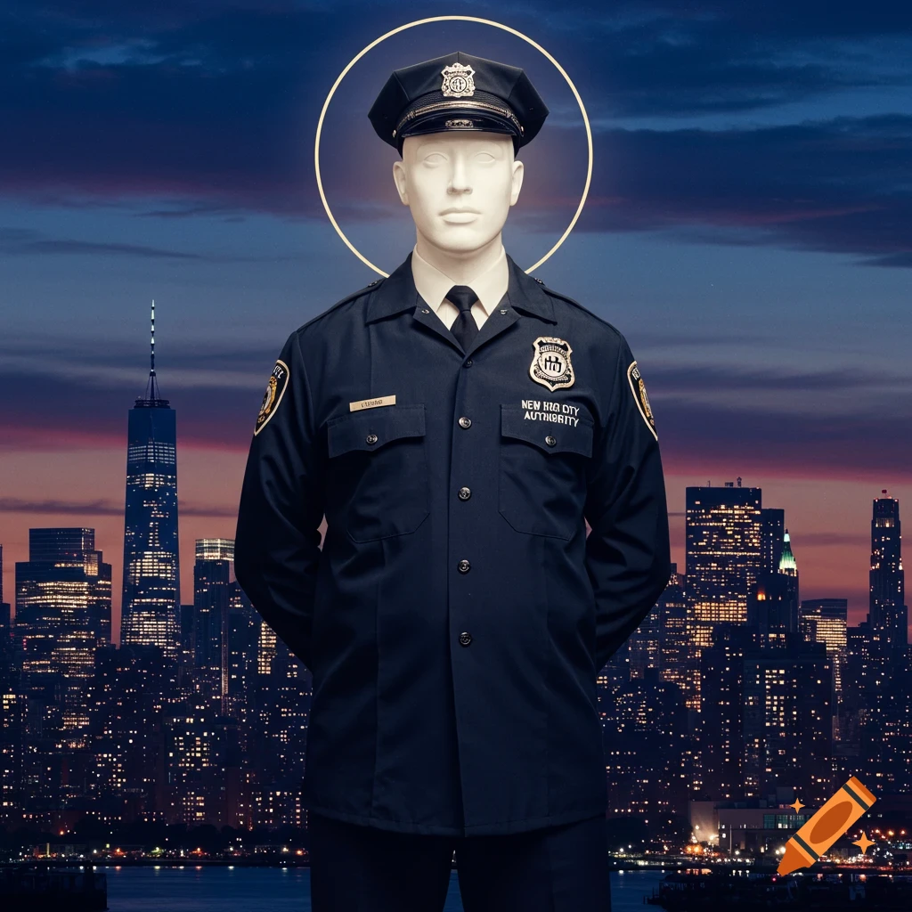 A mannequin in a dark uniform with a halo stands against a New York City skyline at dusk. Photorealistic style.