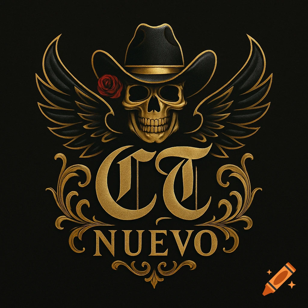 An ornate gold and black logo featuring a skull wearing a cowboy hat with wings, above the text 'CT NUEVO' and decorative flourishes.