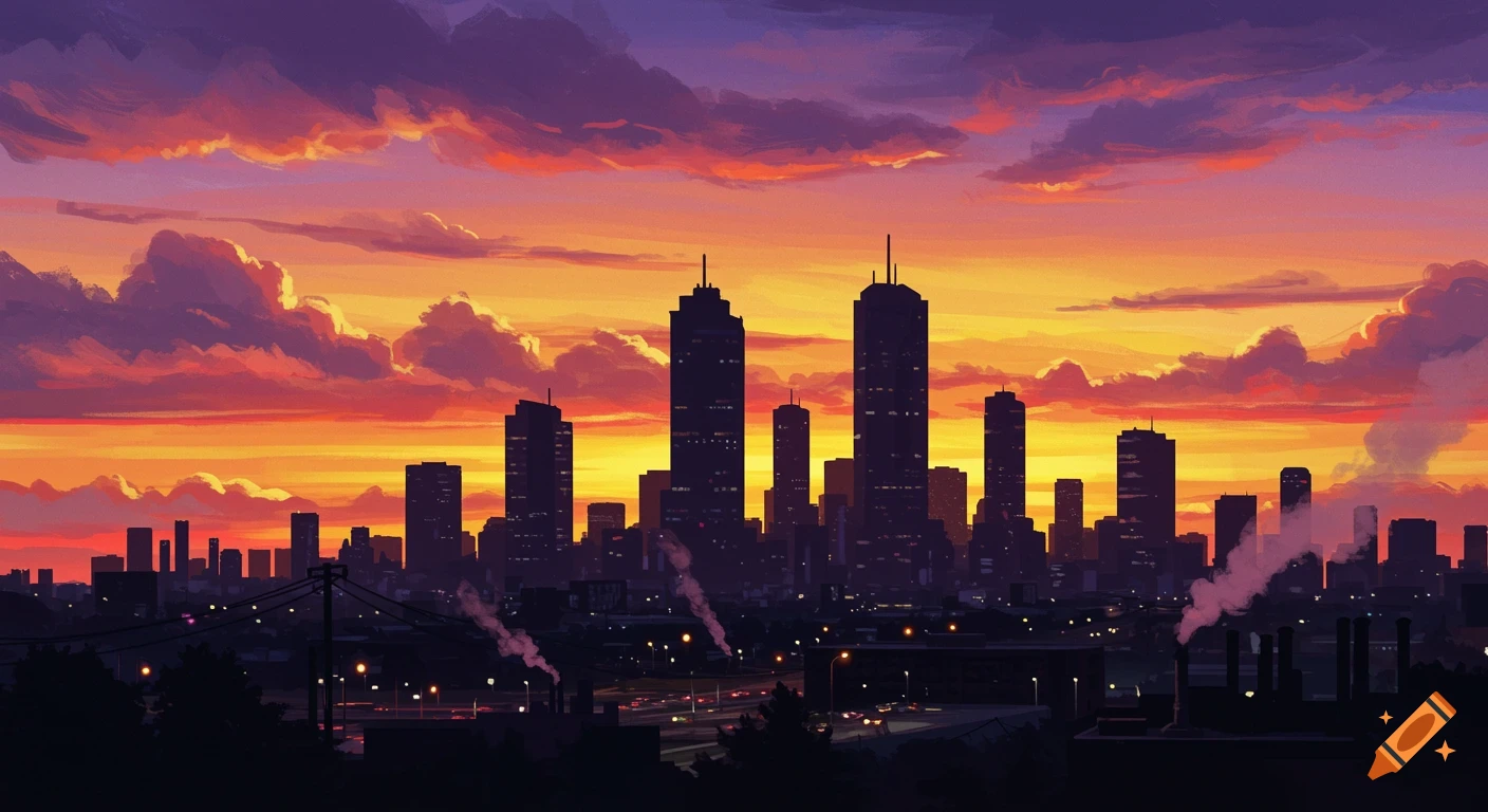 A stylized city skyline silhouetted against a vibrant orange, yellow, and purple sunset with painterly clouds.