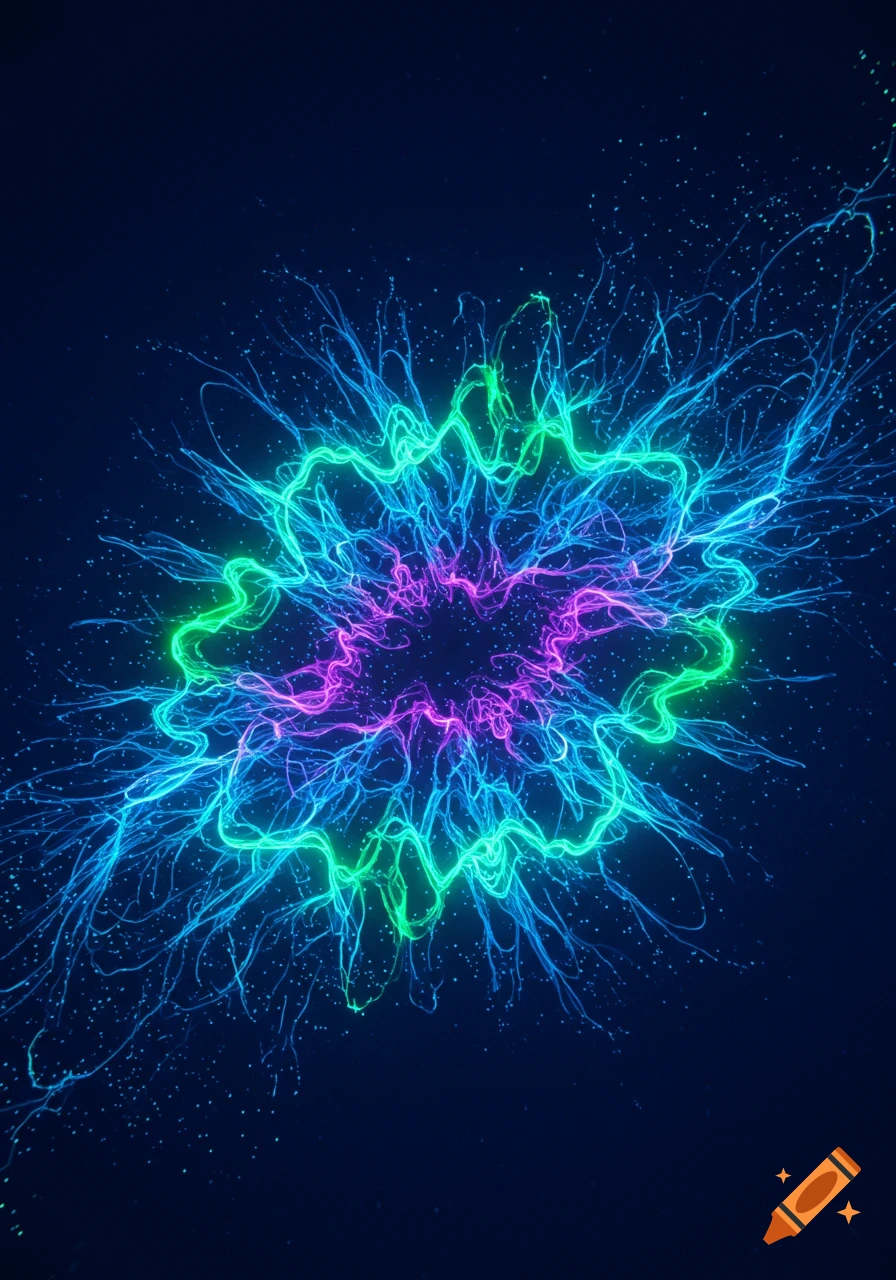 An abstract burst of glowing neon blue, green, and purple lines radiating outwards on a dark background, resembling a digital energy explosion.