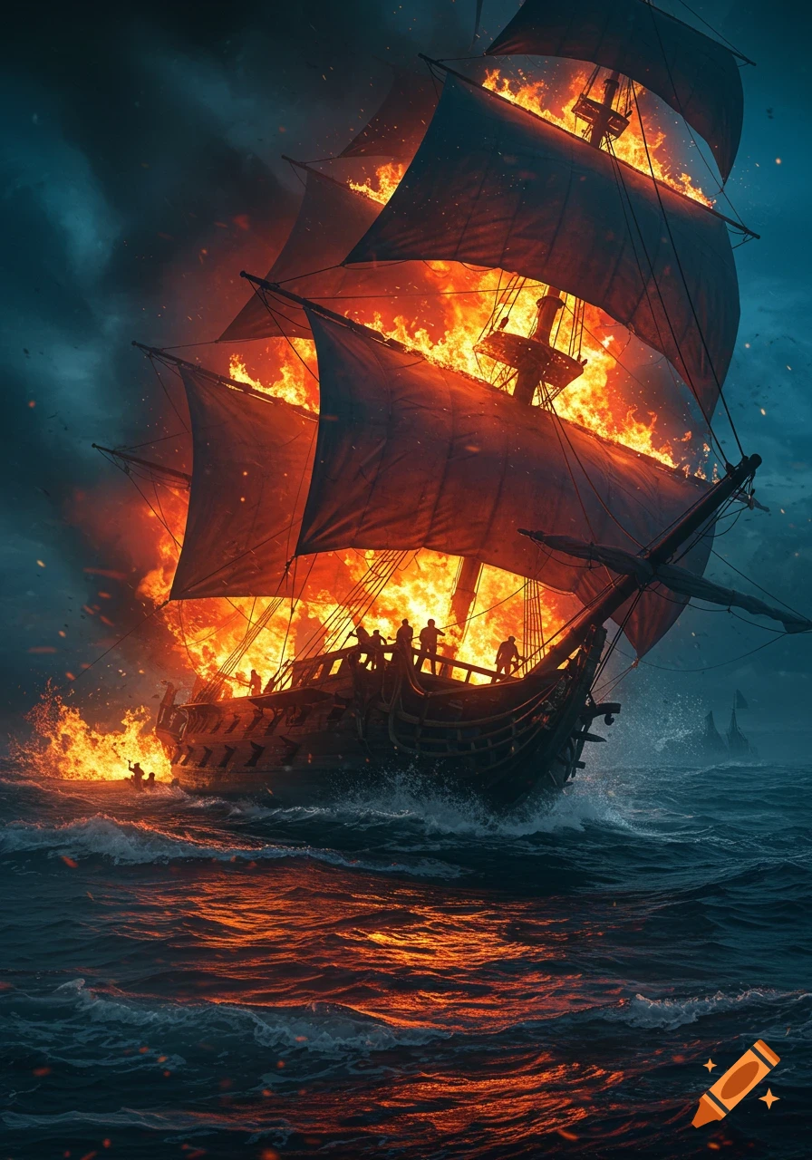 A dramatic illustration of an 1800s schooner fully engulfed in flames on rough dark waters with people on deck.