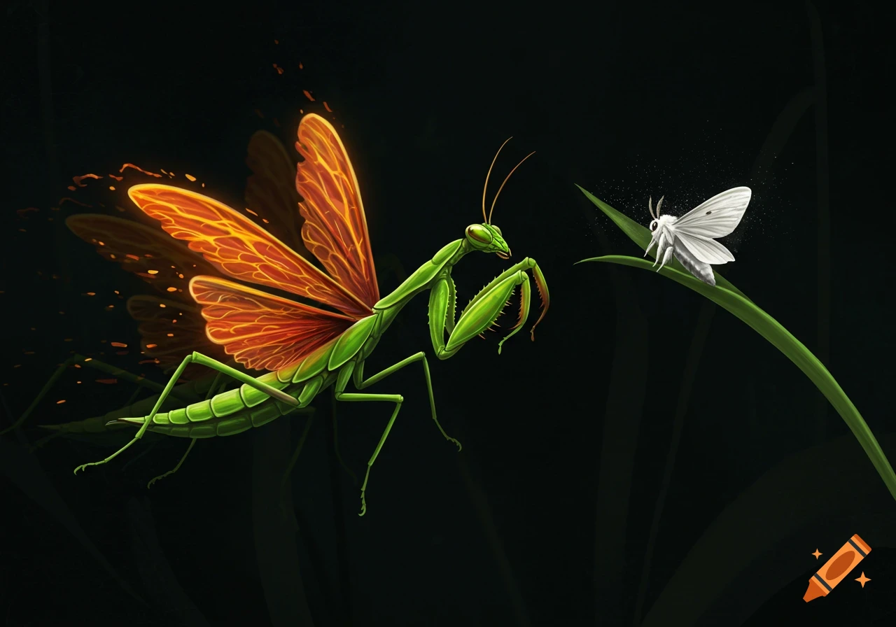 A green praying mantis with glowing orange wings leaps toward a white moth on a leaf in a predator-prey scene.