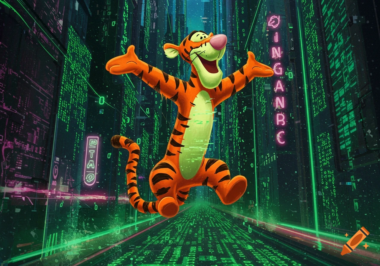 Tigger jumps in a vibrant, futuristic digital city reminiscent of the Matrix, with green binary code falling on skyscrapers.
