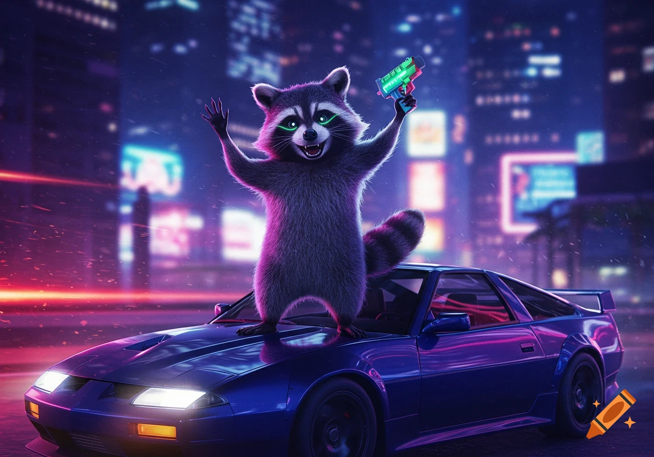 A vibrant, cartoonish raccoon stands on a blue sports car in a neon cyberpunk city at night, holding a glowing laser gun and waving.