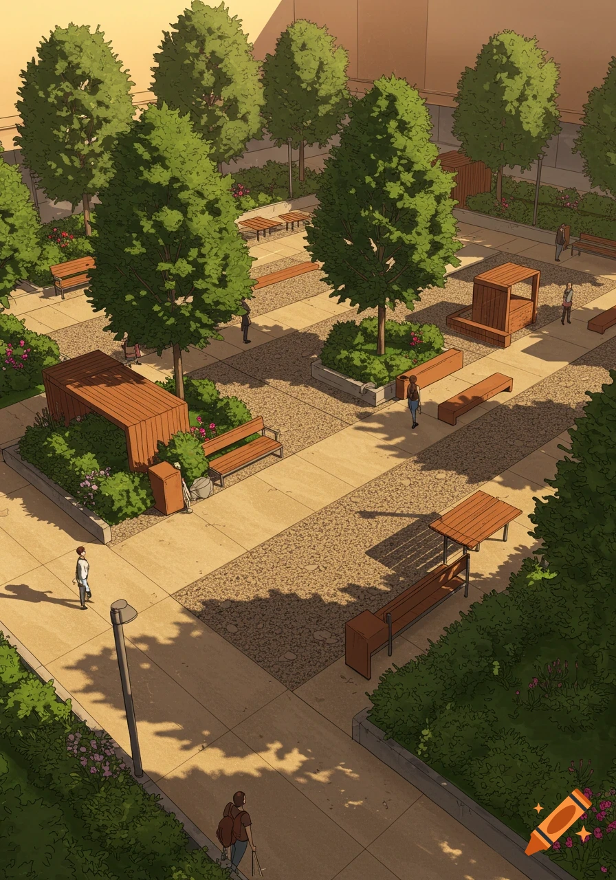 An overhead illustration of a modern urban park with tan pathways, green trees, bushes, and wooden furniture, bathed in late afternoon light.