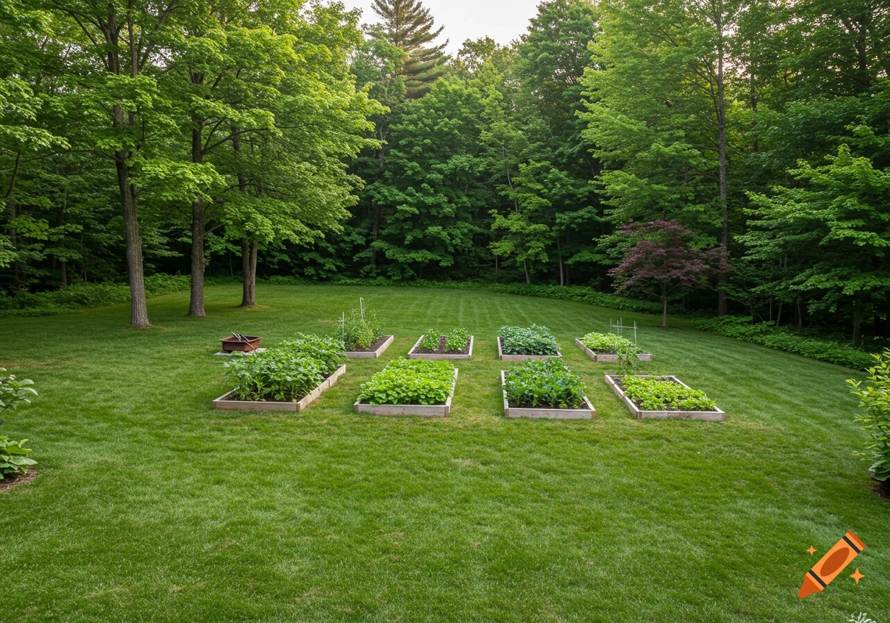 Photorealistic image of a lush green backyard with multiple raised garden beds, a fire pit, and surrounded by dense forest.