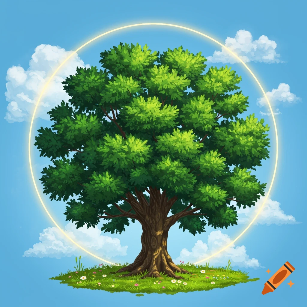 Illustrative elm tree with a glowing yellow halo, floating on a grassy patch with flowers under a blue sky with clouds.