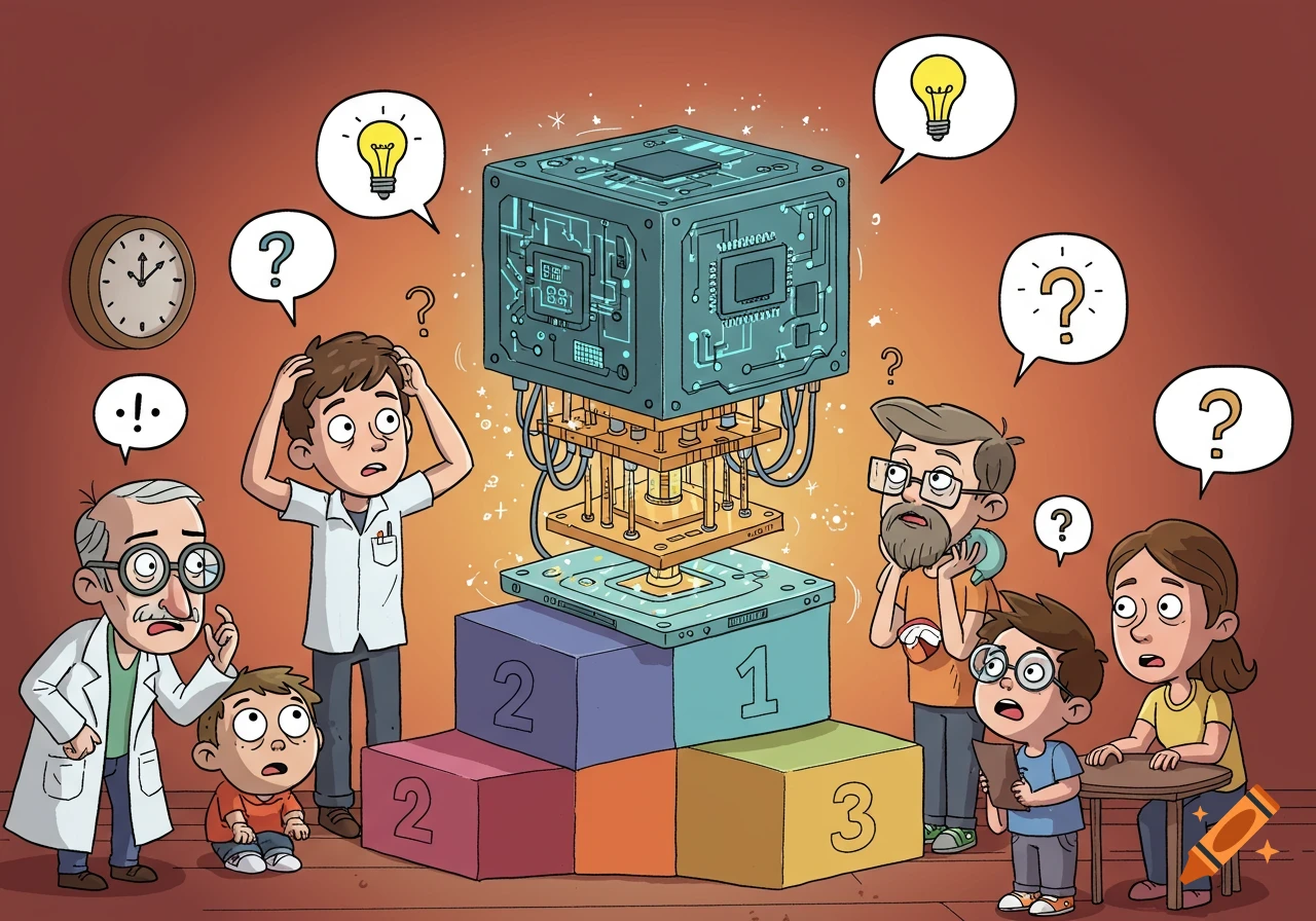 A cartoon of people of different ages, including scientists, looking puzzled at a complex quantum computer resting on numbered blocks.