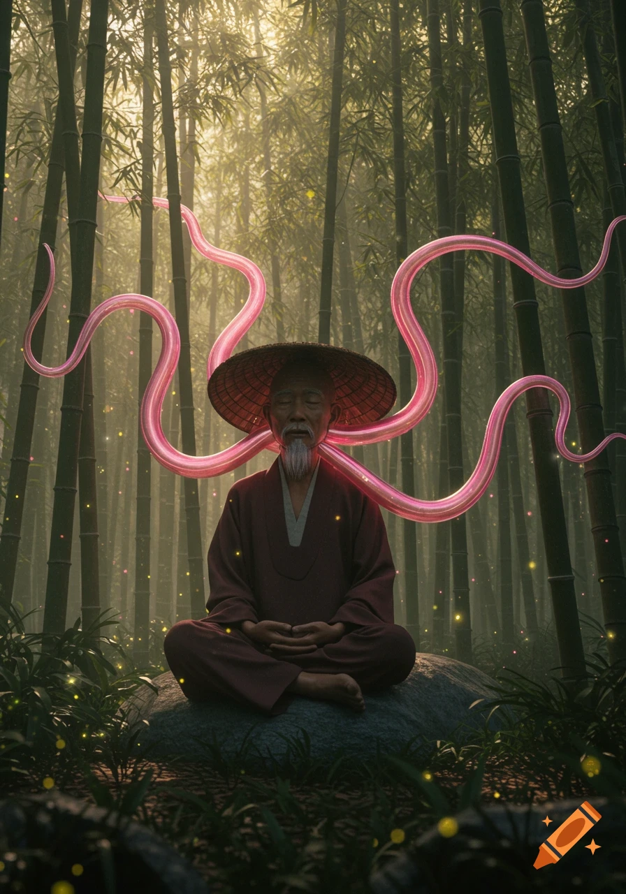 An old man in a straw hat and robe meditates in a bamboo forest, with glowing pink tentacles emerging from behind his head.