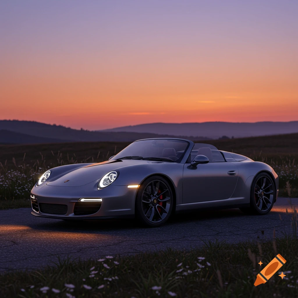 A silver Porsche convertible with its headlights on, parked on a road with wildflowers, against a vibrant sunset sky and rolling hills.