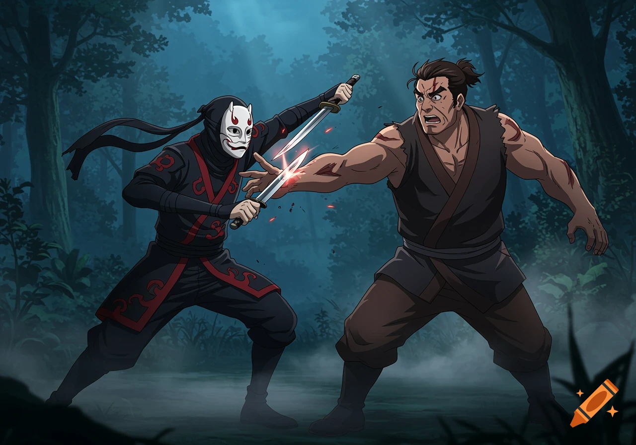An anime-style illustration of a masked ninja in black and red fighting a man in a forest, cutting his arm with a sword.