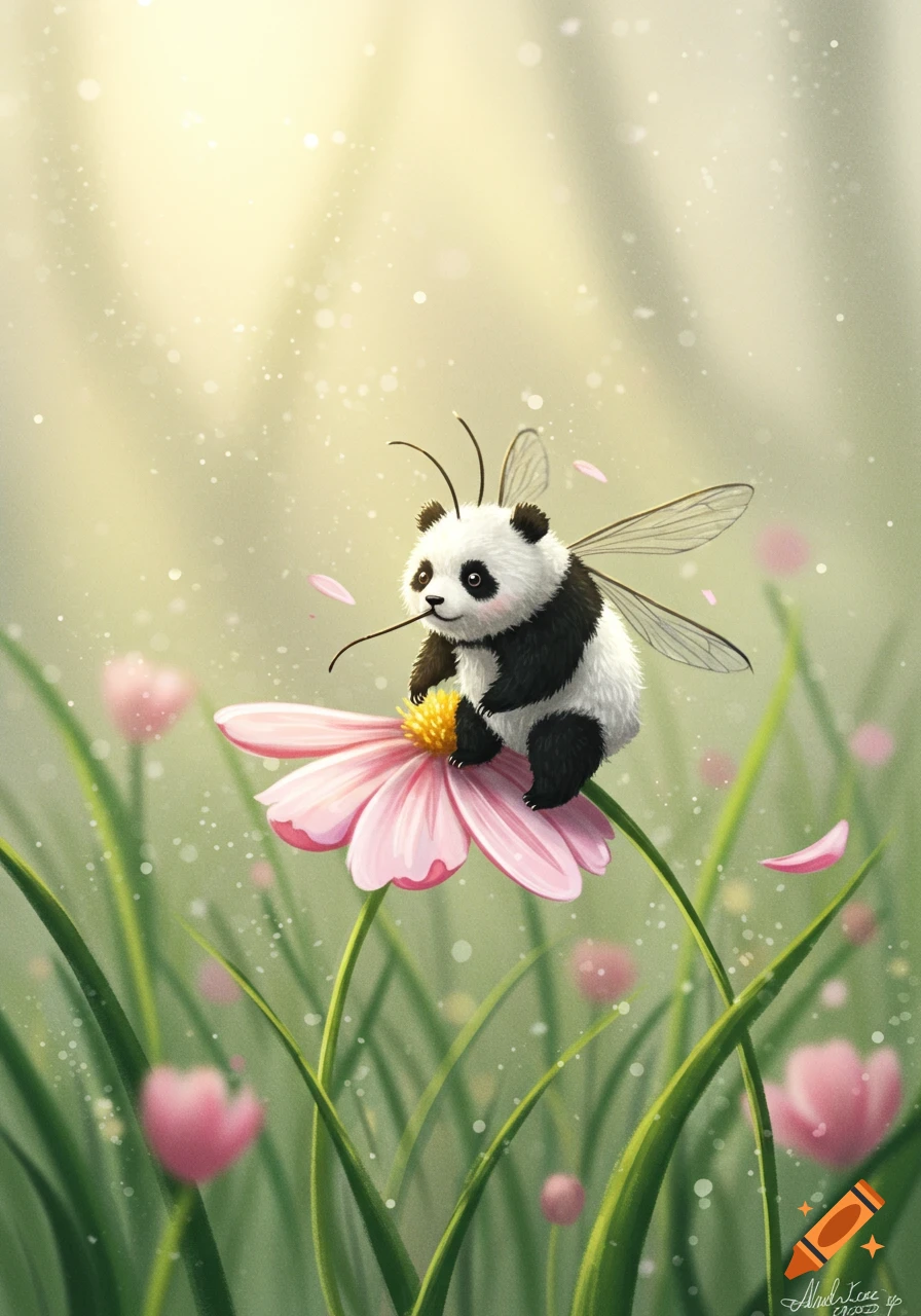 A cute, whimsical illustration of a tiny panda with insect wings sitting on a large pink flower in a sunny, grassy field.