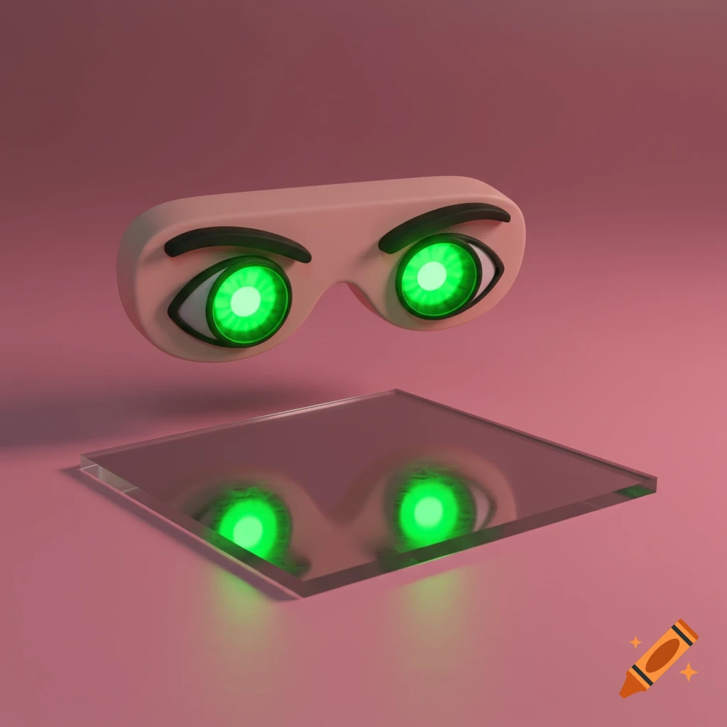 A 3D render of cartoonish eyes with glowing green pupils floating above a reflective glass pane on a pink background.