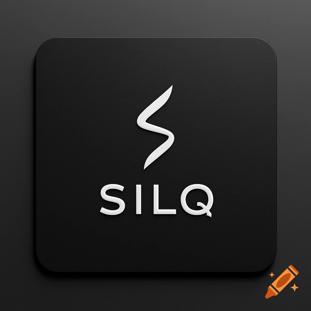 White stylized S logo above 'SILQ' text on a black rounded square surface, resembling a minimalist mousepad.