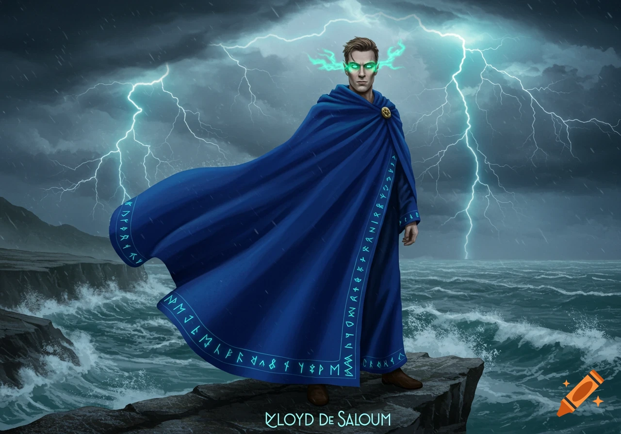 A man in a flowing blue cape with glowing green eyes stands on a rocky cliff overlooking a stormy sea, with lightning striking in the background.