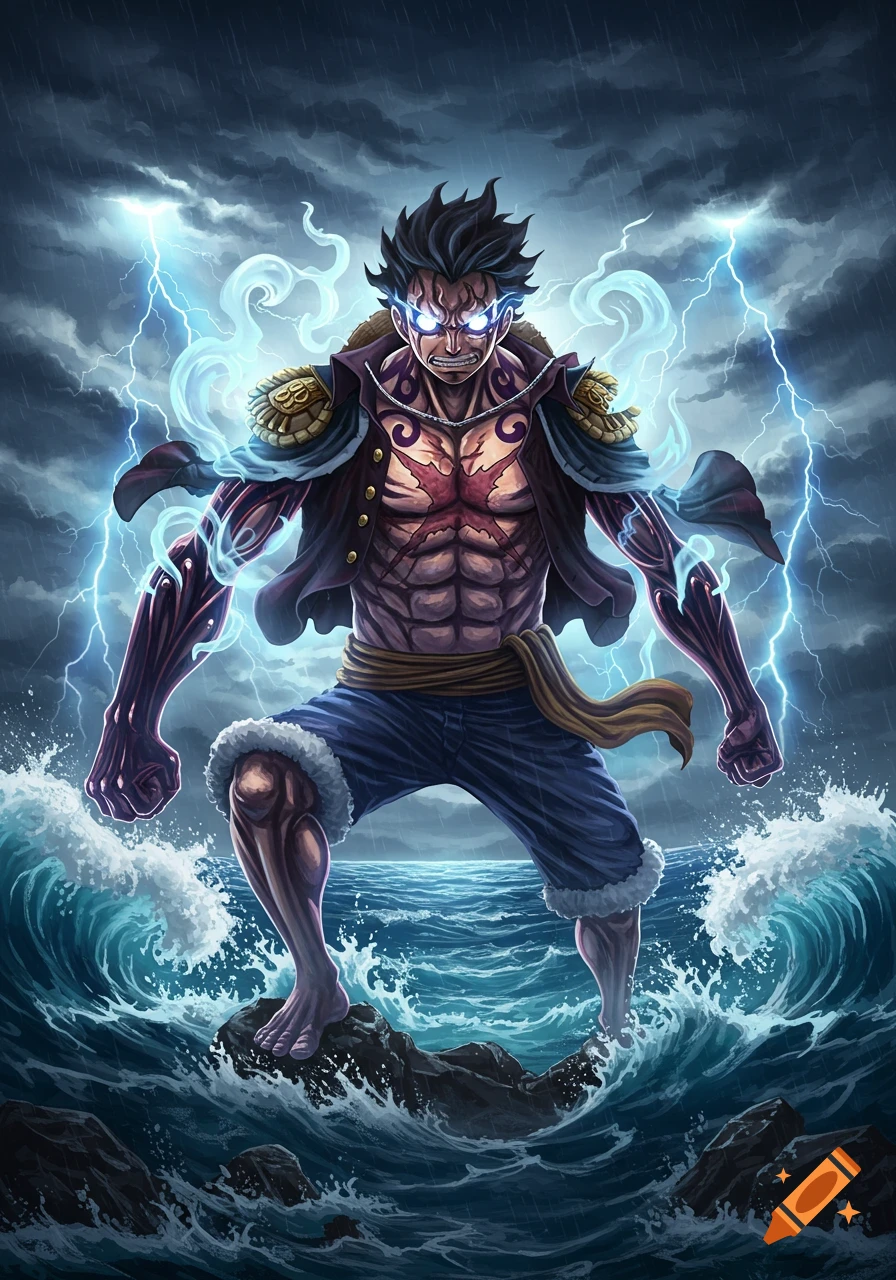 An anime illustration of Luffy in Gear 5 form, with glowing eyes and powerful aura, standing on rocks in a stormy sea with lightning.