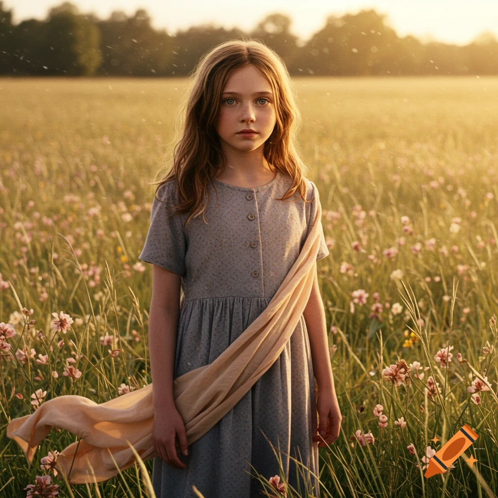 A photorealistic portrait of a young girl with long brown hair and blue eyes standing in a sunlit field with wildflowers.