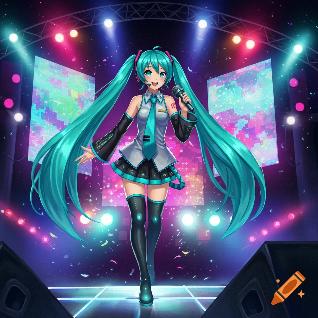Hatsune Miku sings on a vibrant stage under spotlights with large screens and confetti.