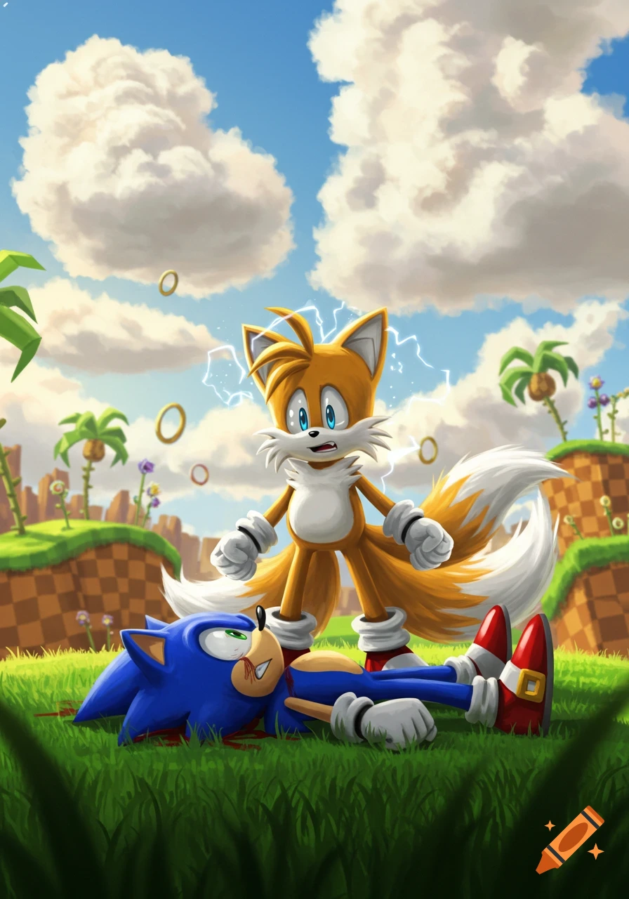 Tails stands over an injured Sonic on the grass in Green Hill Zone, with electric sparks around his head, looking distressed.
