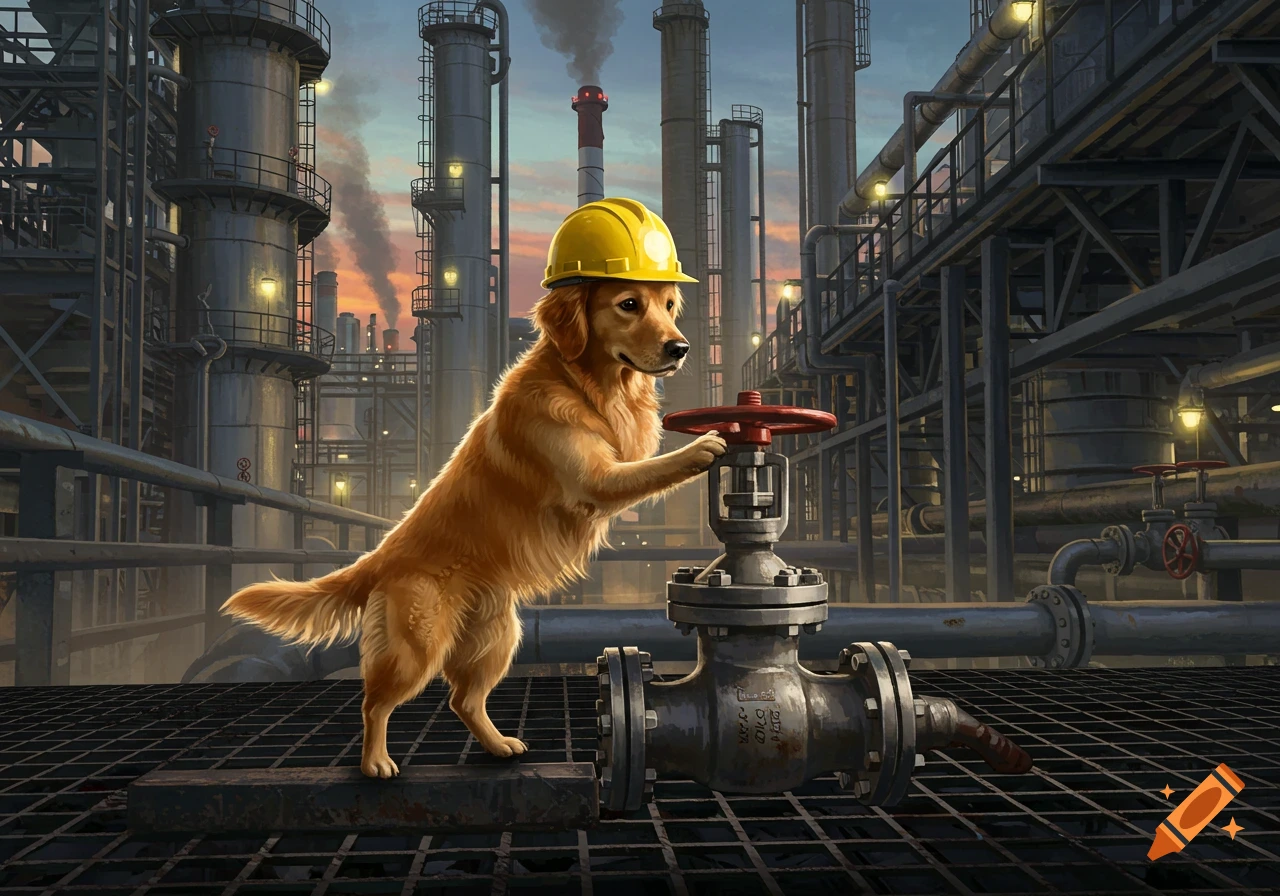 A golden retriever dog wearing a yellow hard hat stands on a metal grate, turning a red valve at an oil refinery at sunset.