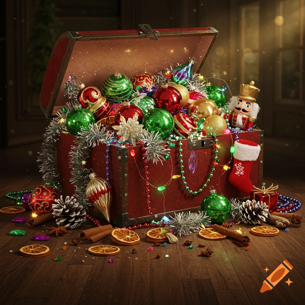 A wooden chest overflowing with Christmas ornaments, tinsel, lights, pinecones, dried oranges, and a nutcracker on a wooden floor.