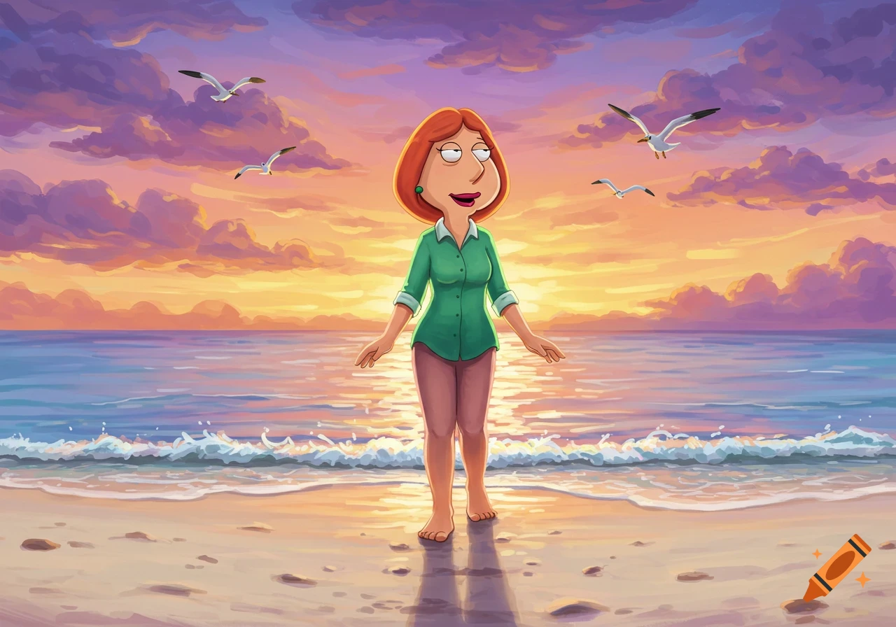 Lois Griffin standing barefoot on a sandy beach at sunset, with seagulls flying over the ocean. Cartoon style.