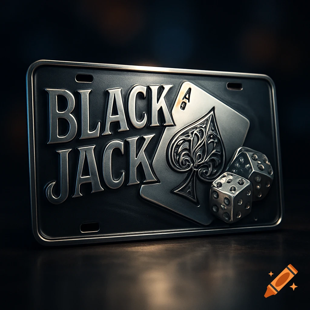Photorealistic metallic license plate with 'BLACK JACK' embossed, an ace of spades, and two dice.