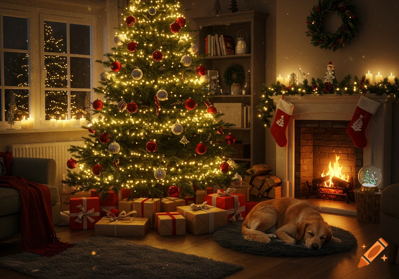 Photorealistic image of a cozy Christmas living room at night with a brightly lit tree, presents, a fireplace, and a sleeping golden retriever.