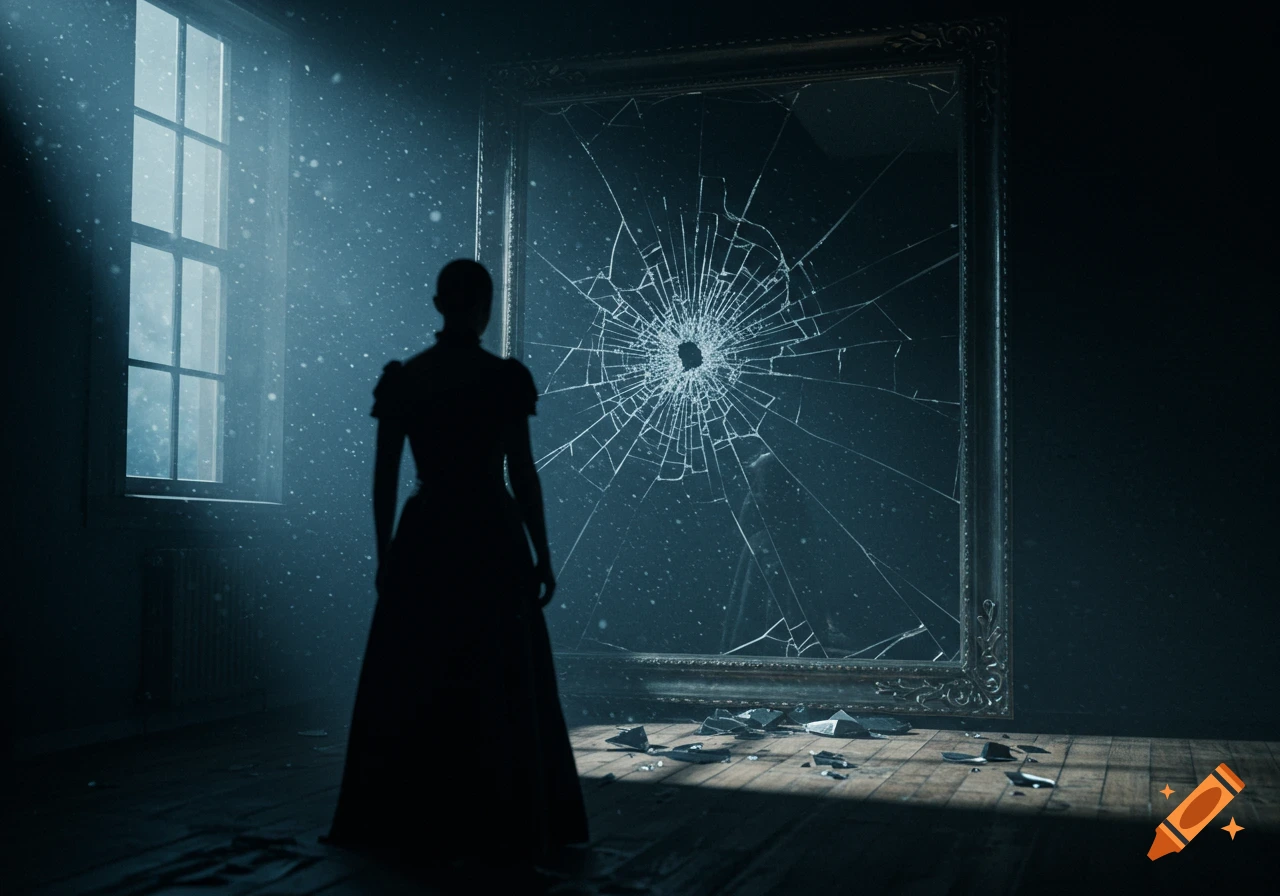 A silhouetted figure stands with their back to the viewer, looking at a large, ornate mirror with a spiderweb of cracks originating from a central hole. Light streams in from a window on the left, illuminating dust motes in the air and casting long shadows on the wooden floor.