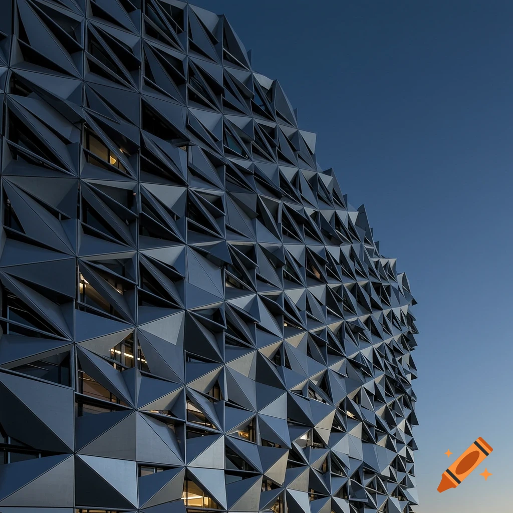 A modern building facade featuring a complex pattern of dark, geometric triangular and trapezoidal panels under a clear blue sky.