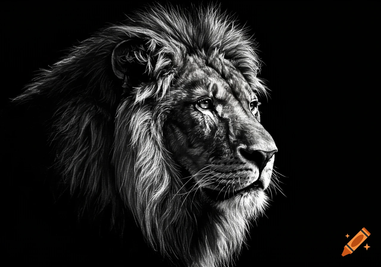 Detailed black and white charcoal drawing of a lion's head looking right on a dark background.