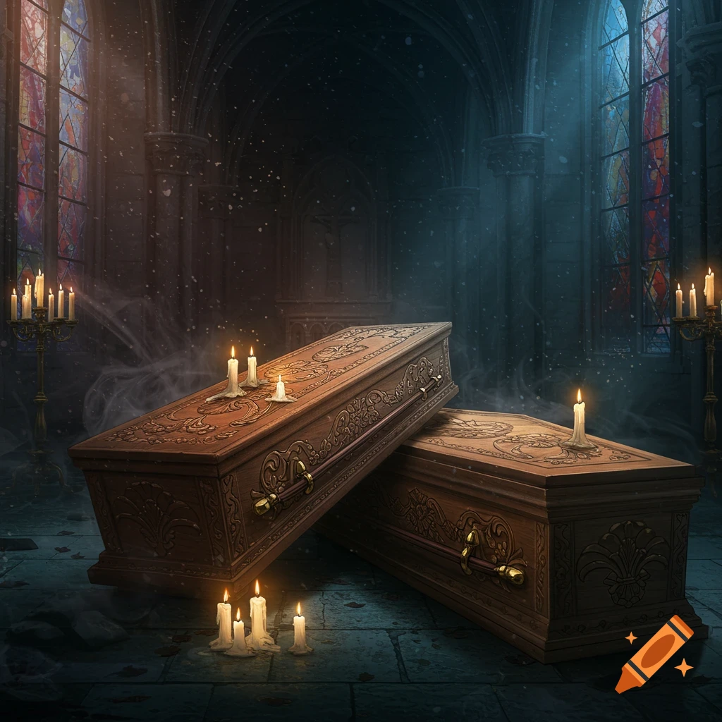 Two ornate wooden coffins rest in a dark, candlelit gothic church with stained glass windows.