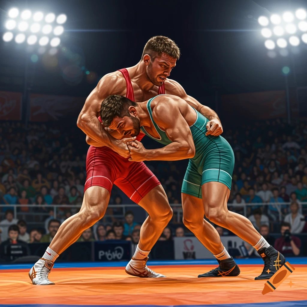 Two male wrestlers, one in a red singlet and one in a teal singlet, grapple on a mat during a match in a brightly lit arena with a blurred crowd in the background.