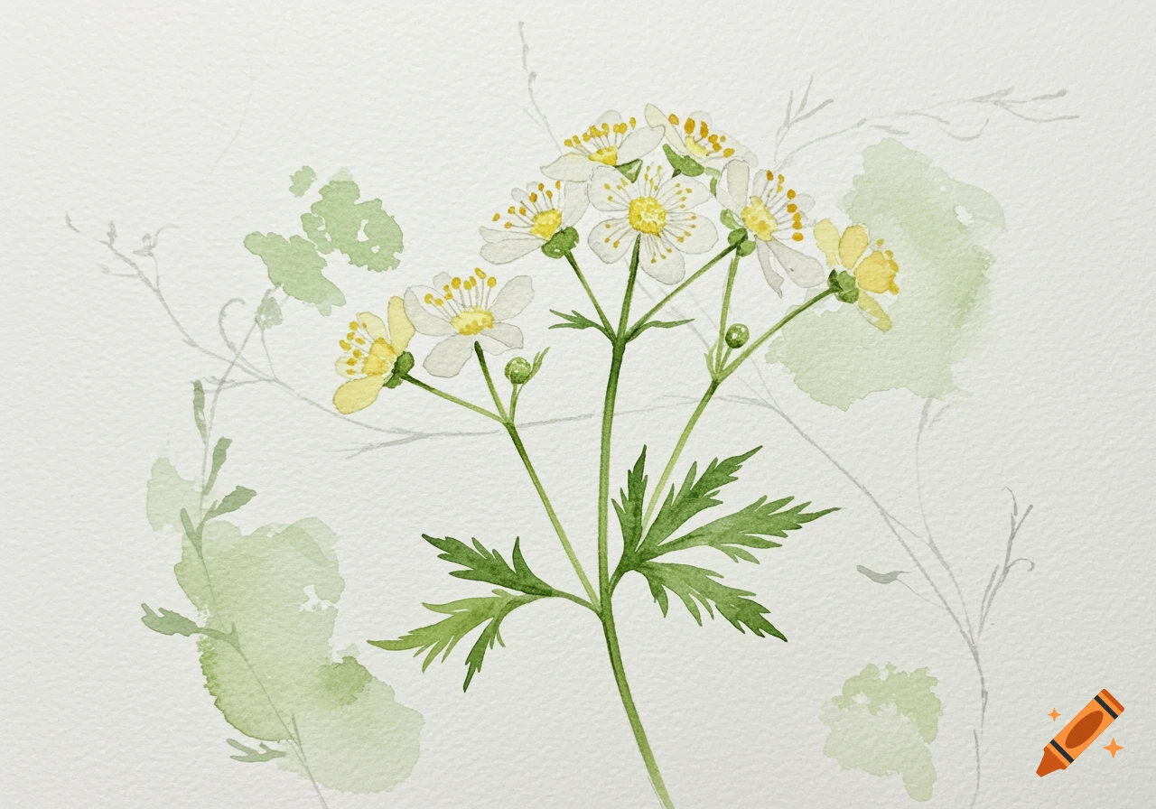 A soft watercolor and pencil drawing of white and yellow meadowsweet wildflowers on a light background.