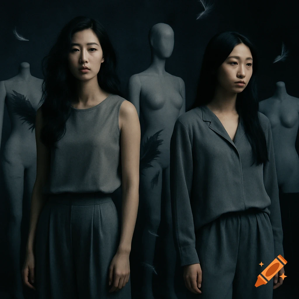 Two young women in grey outfits stand in a dark room with blurred mannequins and floating feathers, in a realistic style.