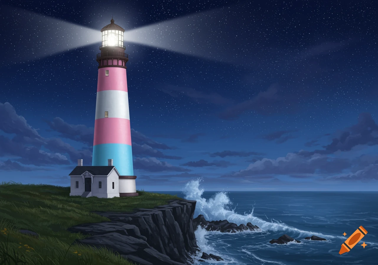 An illuminated lighthouse on a cliff at night, with pink, white, and blue stripes, overlooking a star-filled ocean with crashing waves.