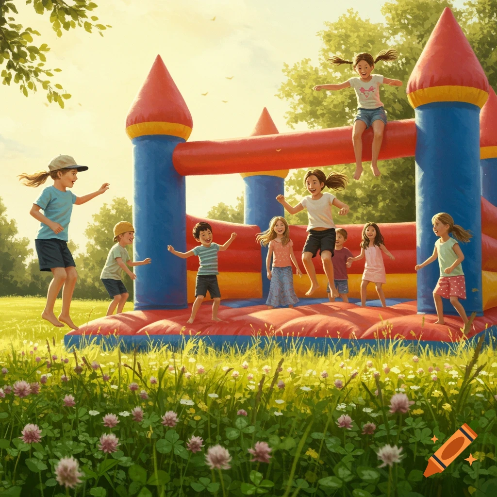 Children jumping and playing on a colorful bouncy castle in a sunny, grassy park with trees and flowers.