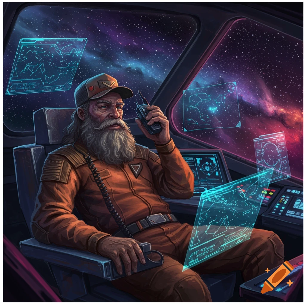A bearded star captain in an orange jumpsuit sits in a spaceship cockpit, talking on a radio with holographic screens and a starry galaxy outside.