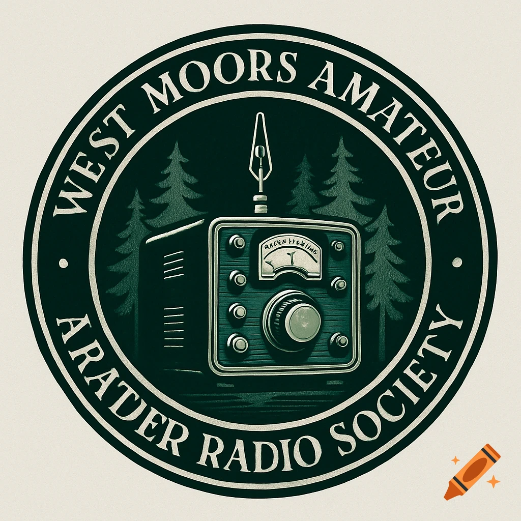 A circular club logo featuring a vintage radio transmitter and pine trees. The text 'WEST MOORS AMATEUR ARADER RADIO SOCIETY' is written around the edge.