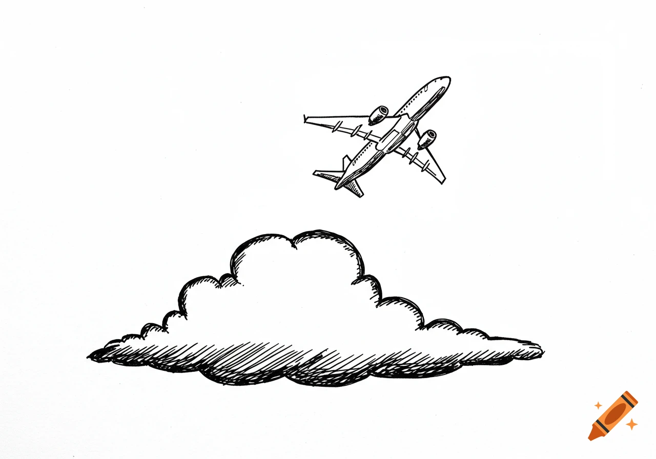 Black ink line drawing of an airplane flying above a cloud.
